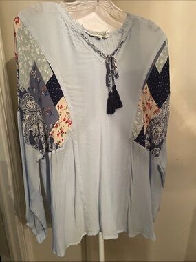 Light Blue Patchwork Tassel Peasant Tunic